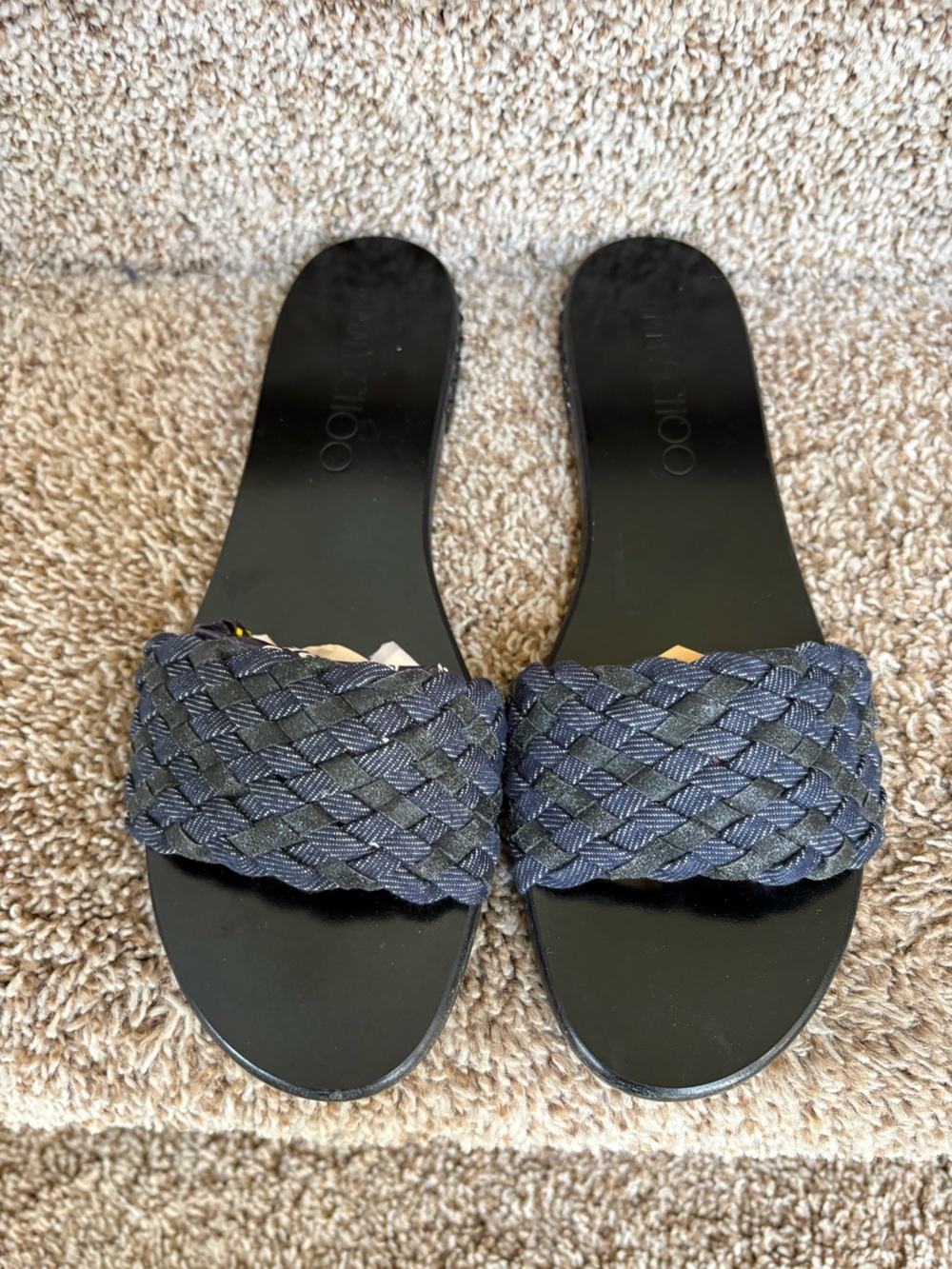 Jimmy Choo Women’s Navy Braided Leather Strap With Star Studded Heels Sandals